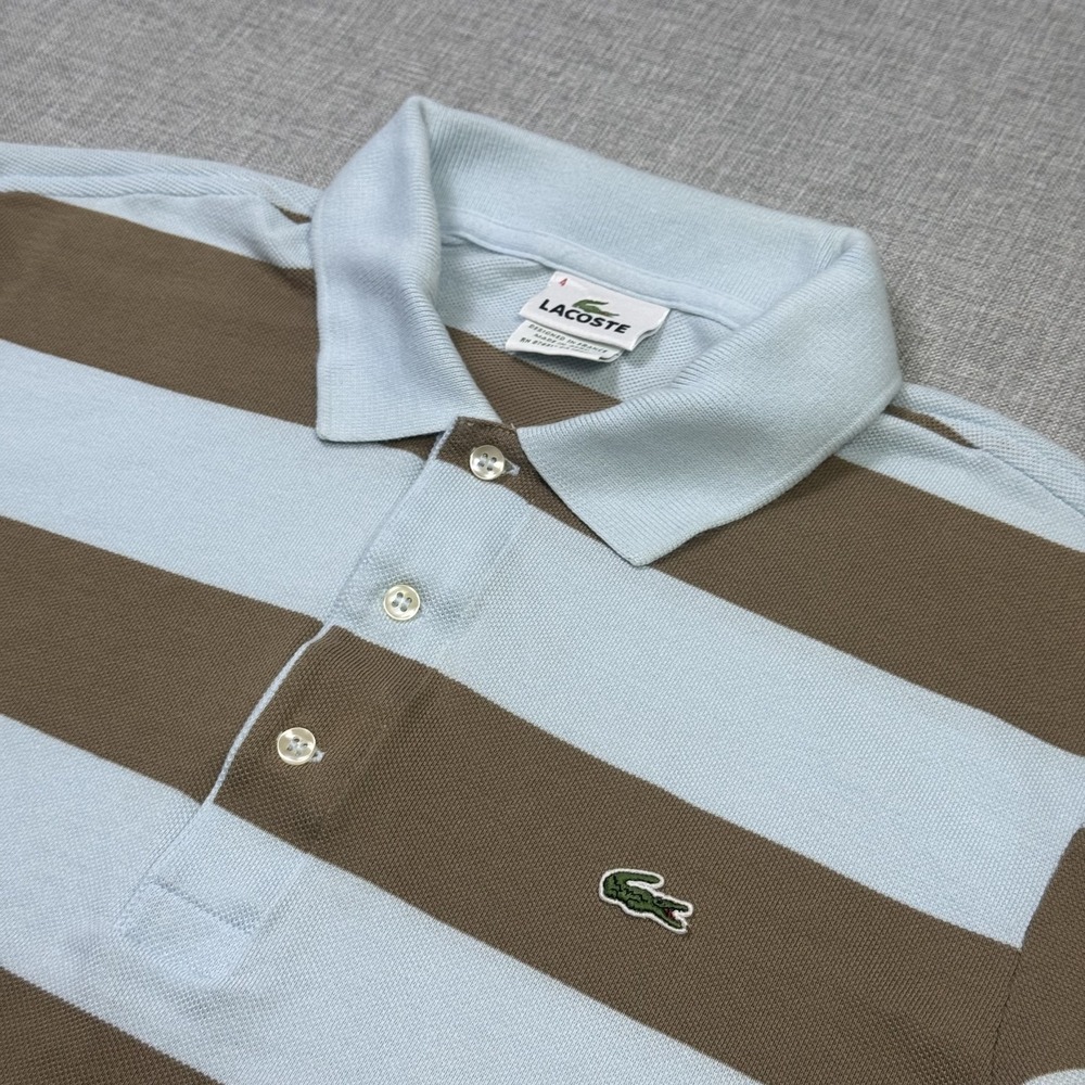 Lacoste Polo Shirt Mens M (4) Blue Brown Striped Cotton Short Sleeve Croc Logo